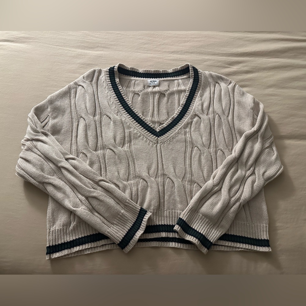 Cotton On V-Neck Sweater - Cream with Hunter Green Trim